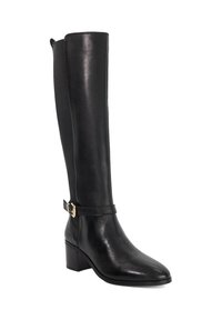 Black leather knee-high boots with a pointed toe, block heel, and a decorative strap with gold buckle on the ankle. Smooth finish.