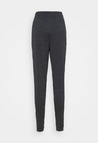 Pantalones jogging ajustados de color gris oscuro con cinturilla elástica y tobillos ajustados, mostrados sobre un fondo blanco liso.
