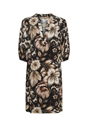Sort kjole til knæet med stort beige og brunt blomsterprint, trekvart puffede ærmer og V-hals.