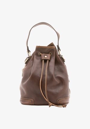 Sac seau en cuir marron avec fermeture à cordon, surface texturée et coutures contrastées. Dispose d'une poignée unique et de quincaillerie dorée.