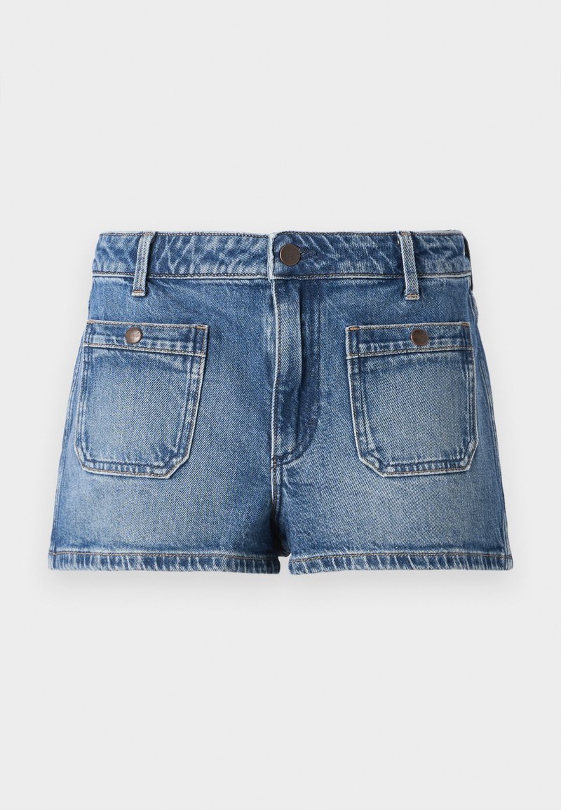 Jasnoniebieskie szorty dżinsowe z wypłowiałym wykończeniem, pięciopunktowy design, dwa przednie kieszenie, dwie tylne kieszenie oraz zapięcie na guzik w talii.
