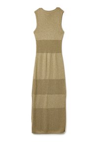 Langes, ärmelloses Kleid in einer Textur aus goldenen Fäden mit horizontalen Bändern aus Strickstoff. Die Farbe ist ein gedämpftes Olivgrün mit unterschiedlichen Mustern.