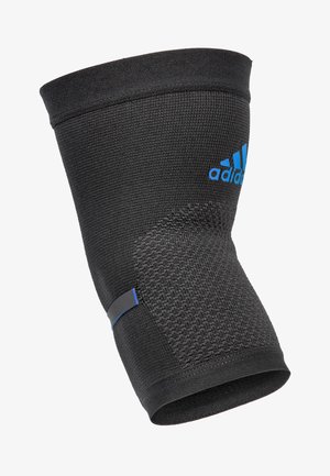 Black knee support with textured knit material, features a blue Adidas logo, smooth top edge, and a horizontal gray accent band.