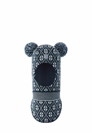 Strickmütze aus Wolle in Marineblau mit weißen geometrischen Mustern, hat ein offenes Gesichtsfeld und zwei Pompons oben. Weicher Stoff.