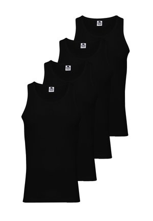 Fire sorte sorte tanktoppe stablet. Hver har en rund halsudskæring og brede stropper. Lavet af et glat, strækbart stof; ingen mønstre eller designs.