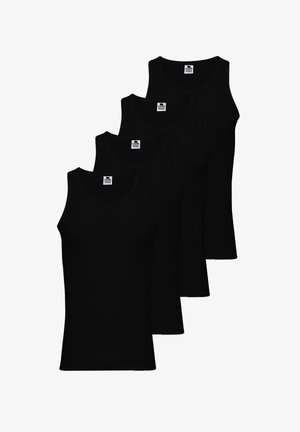 Fire sorte sorte tanktoppe stablet. Hver har en rund halsudskæring og brede stropper. Lavet af et glat, strækbart stof; ingen mønstre eller designs.