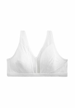 Bijela bralette s V-izrezom, izrađena od glatke tkanine, s širokim trakama i potporom ispod bez žice.