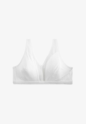 Valge bralette V-kujulise disainiga, valmistatud sileda kangaga, laiatest rihmadest ja toestava allservast ilma traagita.