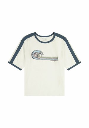 Kurze Baumwoll-T-Shirt in Off-White mit navyblauen Akzenten. Auf der Vorderseite ist eine Grafik von einer Welle und einem Surfer abgebildet.