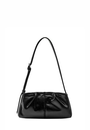 Black leather shoulder bag with gathered detailing and an adjustable strap, shown against a white background.