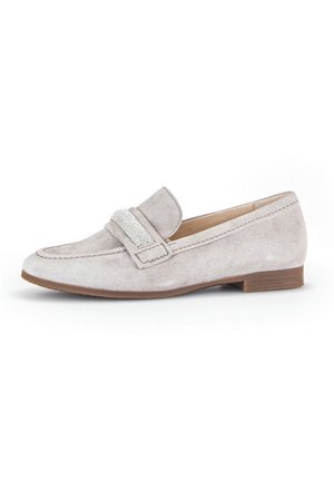 Suede gray loafers with a flat heel, featuring a decorative metallic band across the vamp. Rounded toe and simple stitching details.