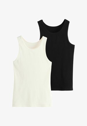 Două maieuri cu nervuri, una albă și una neagră, suprapuse cu maieurile albe în față pe un fundal alb.