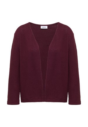 Cardigan bordeaux à manches longues avec ouverture frontale, motif tricot texturé et étiquette CECIL au niveau de l'encolure sur fond blanc.