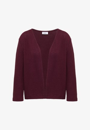 Wijnrode cardigan met lange mouwen en open voorkant, met een gestructureerd breipatroon en een CECIL-label bij de halslijn op een witte achtergrond.