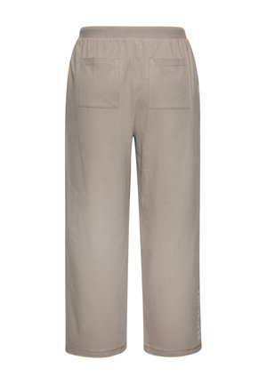 Beige cropped pants with elastic waistband and two square back pockets, straight cut and casual style.
