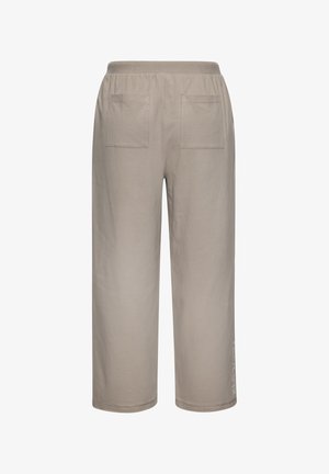Beige cropped pants with elastic waistband and two square back pockets, straight cut and casual style.
