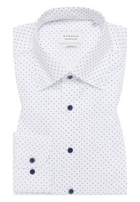 Witte shirt met marineblauw stippenpatroon, modern fit ontwerp, button-down kraag en enkele zak op de linker mouw. Eterna-label zichtbaar.