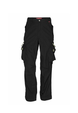Black cargo pants made from durable fabric, featuring multiple side pockets, a button closure, and drawstring accents near the waist.