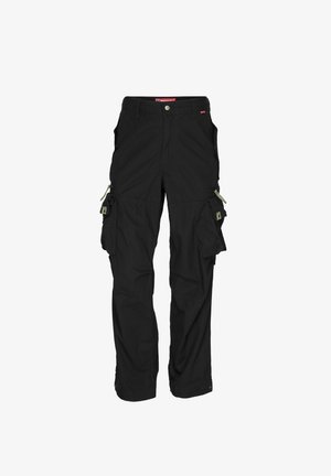 Melni cargo bikses, izgatavotas no izturīgas auduma, ar vairākiem sānu kabatām, pogu aizdari un auklas akcentiem jostas vietā.