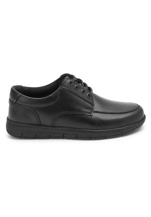 Chaussure en cuir noir avec une surface lisse, bout arrondi, design à lacets et semelle en caoutchouc flexible présentant des rainures légères.