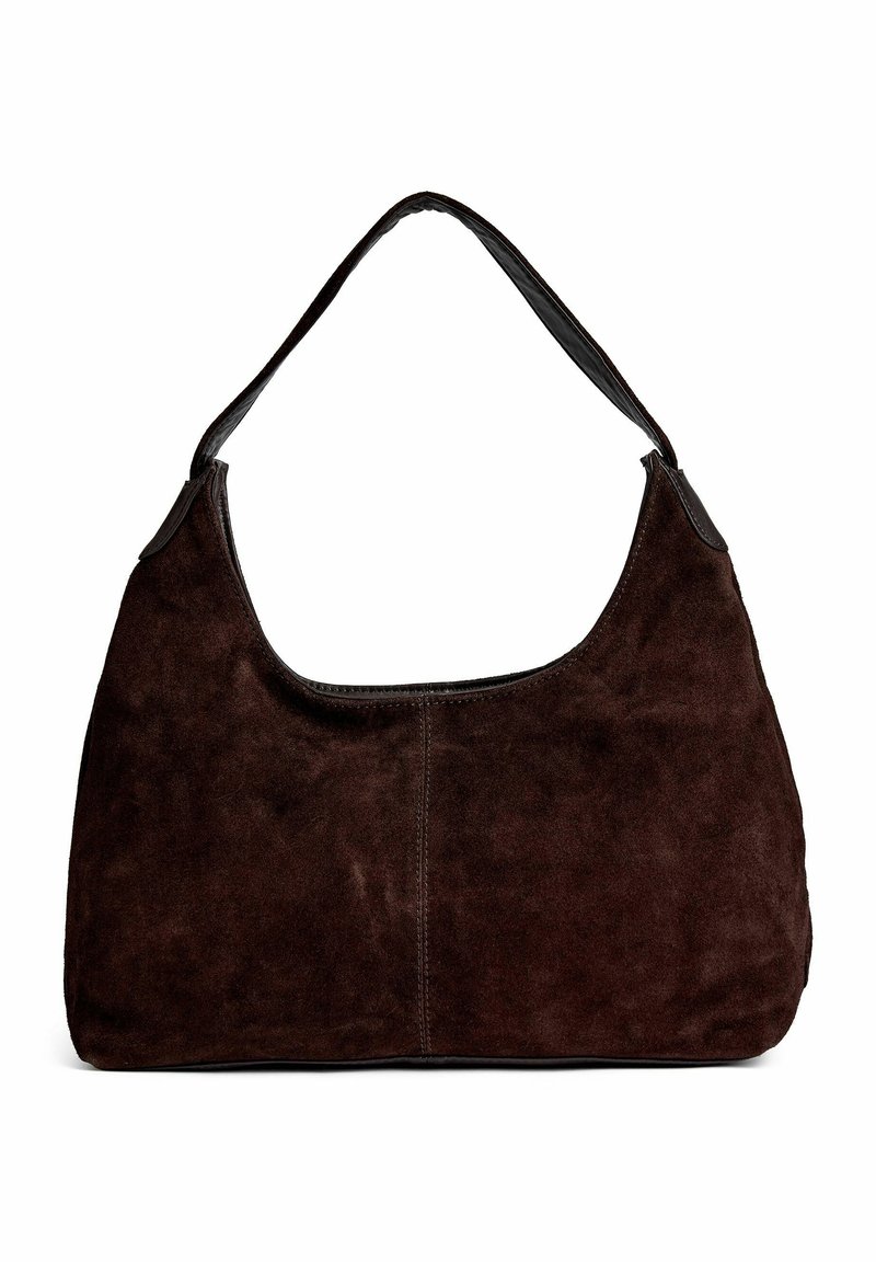 Tummanruskea mokkanahkainen olkalaukku, jossa on yksittäinen hihna ja näkyvät saumat etuosan keskellä.