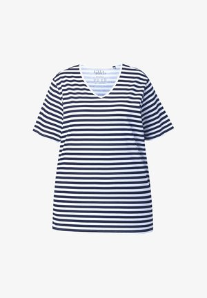 Marineblaue und weiße kurzärmlige T-Shirt mit V-Ausschnitt. Hergestellt aus weichem Stoff mit lockerem Schnitt und gleichmäßigen horizontalen Streifen.