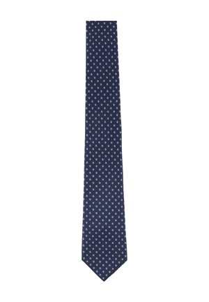 Cravatta blu navy con un piccolo motivo paisley bianco ripetuto su tutta la superficie.