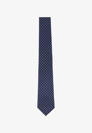 Cravatta blu navy con un piccolo motivo paisley bianco ripetuto su tutta la superficie.
