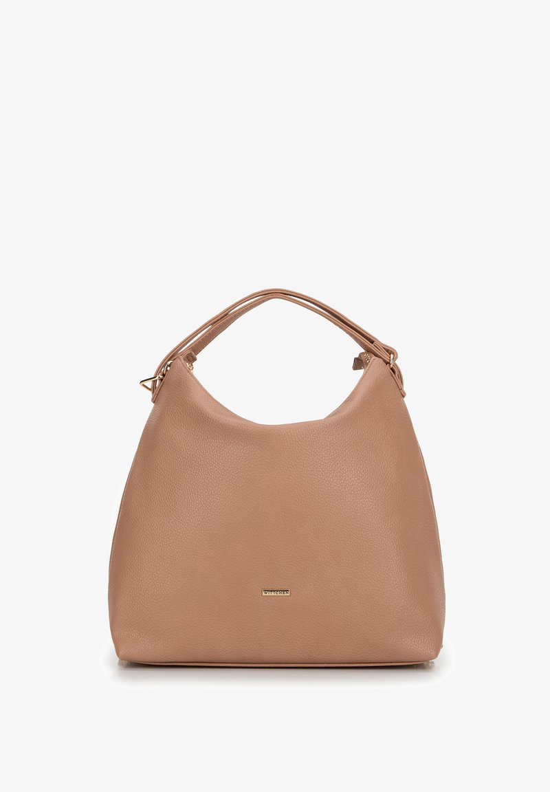 Sac hobo en similicuir texturé marron clair avec deux poignées supérieures et un logo doré sur le devant. Design minimaliste, sans détails métalliques.