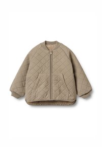 Beige gesteppte Bomberjacke mit einem Frontreißverschluss, zwei seitlichen Taschen und einem kuscheligen Kunstfellfutter. Mit gerippten Bündchen und Saum.