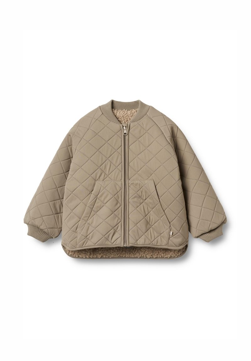 Beige gesteppte Bomberjacke mit einem Frontreißverschluss, zwei seitlichen Taschen und einem kuscheligen Kunstfellfutter. Mit gerippten Bündchen und Saum.
