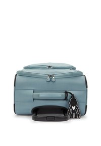 Blue, soft-sided rolling bag with dual zippers, textured surface, detachable tag, and pull handle. Features wheels for easy transport.