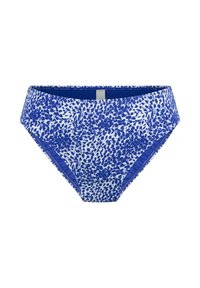 Bikini z wysokim stanem w jasnoniebieskim kolorze z ciemnoniebieskimi abstrakcyjnymi plamami. Gładki materiał, elastyczna talia i dopasowany kształt.