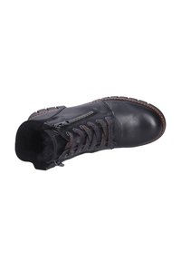 Schwarze Lederstiefel mit runder Spitze, strukturierten Schnürsenkeln, seitlichem Reißverschluss und Kunstfellfutter. Gummisohle mit kontrastierenden braunen Nähten.