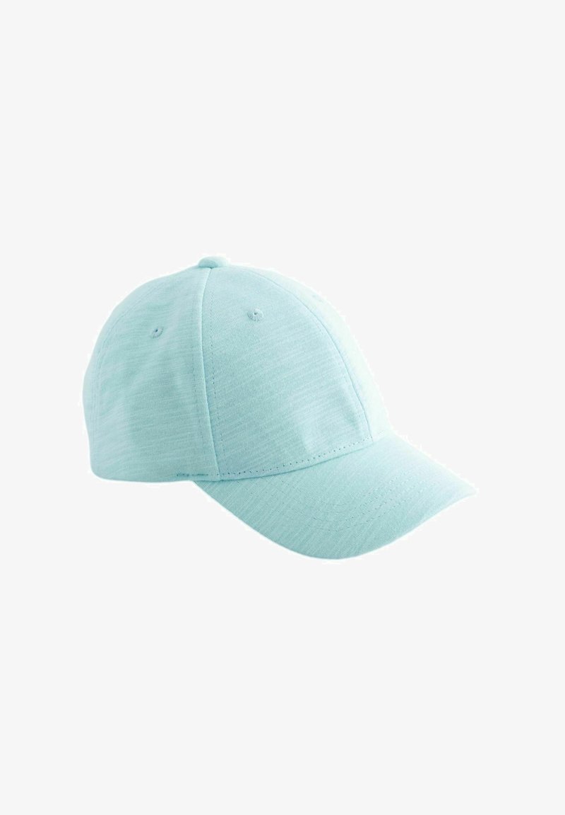 Cappellino da baseball in tessuto morbido azzurro chiaro con visiera curva e pannelli cuciti su sfondo bianco.