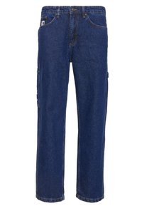 Mörkblå denim cargo-byxor med rak benpassform, med flera sidofickor och en robust midja. Förstärkt sömnad vid sömmarna.