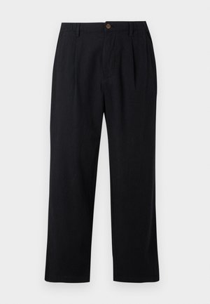 Black pants made of a lightweight fabric with a pleated front, straight legs, and a single brown button at the waistband.