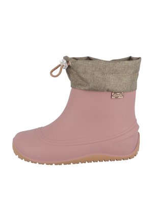 Stivale da pioggia in gomma rosa per bambini con polsino in tessuto marrone regolabile e suola scolpita.