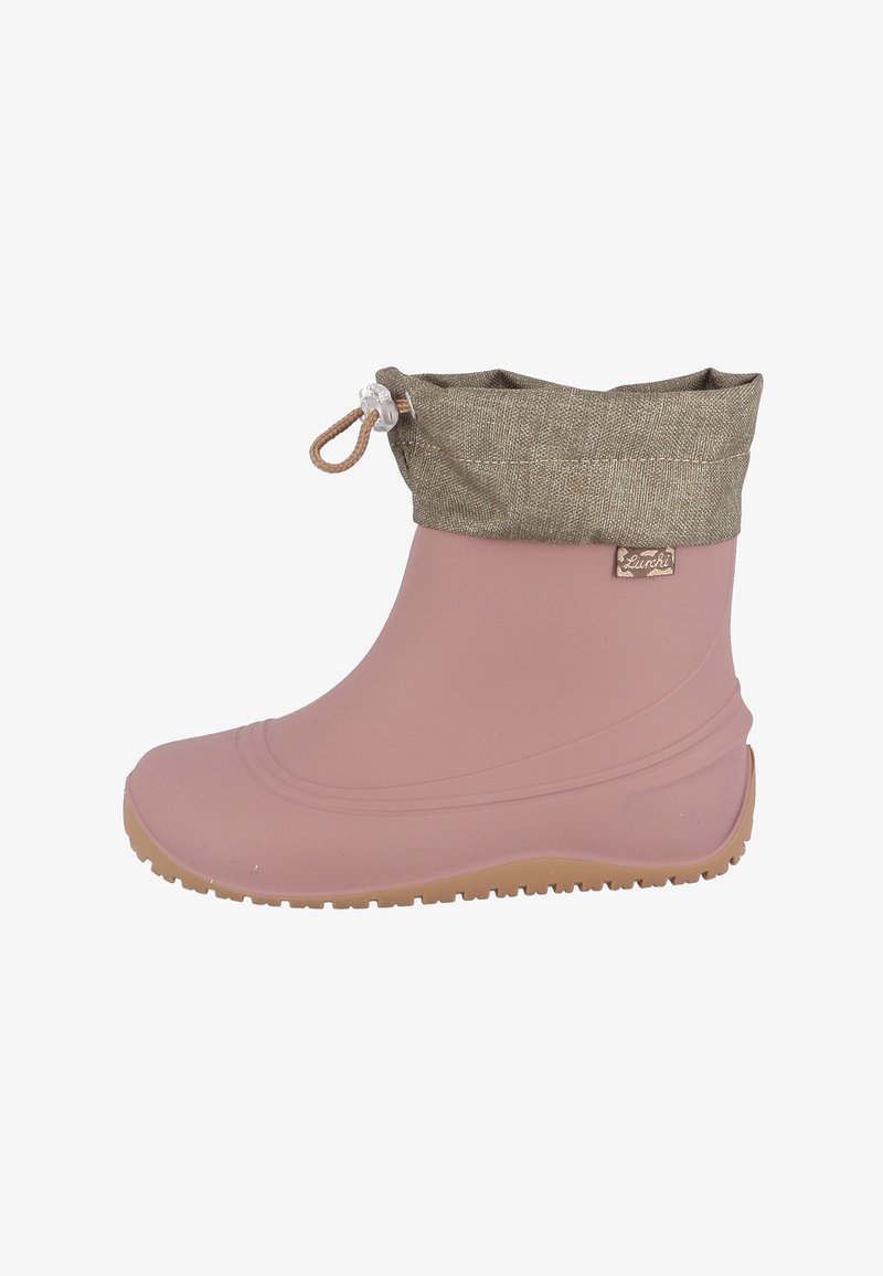 Botte de pluie en caoutchouc rose pour enfants avec bord en tissu marron ajustable et semelle à crampons.