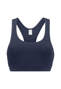 Marineblaue, gerippte Sport-BH mit einem Rundhalsausschnitt und breiten Racerback-Trägern. Glatte Textur, elastischer Bund. Etikett innen sichtbar.