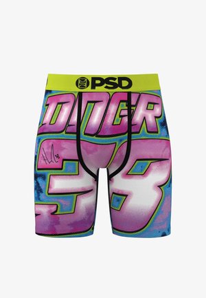 Pánské boxerky, multicolor s nápisem "DANGER 33" v tučném růžovém a zeleném písmu, s černým páskem a hladkou texturou látky.