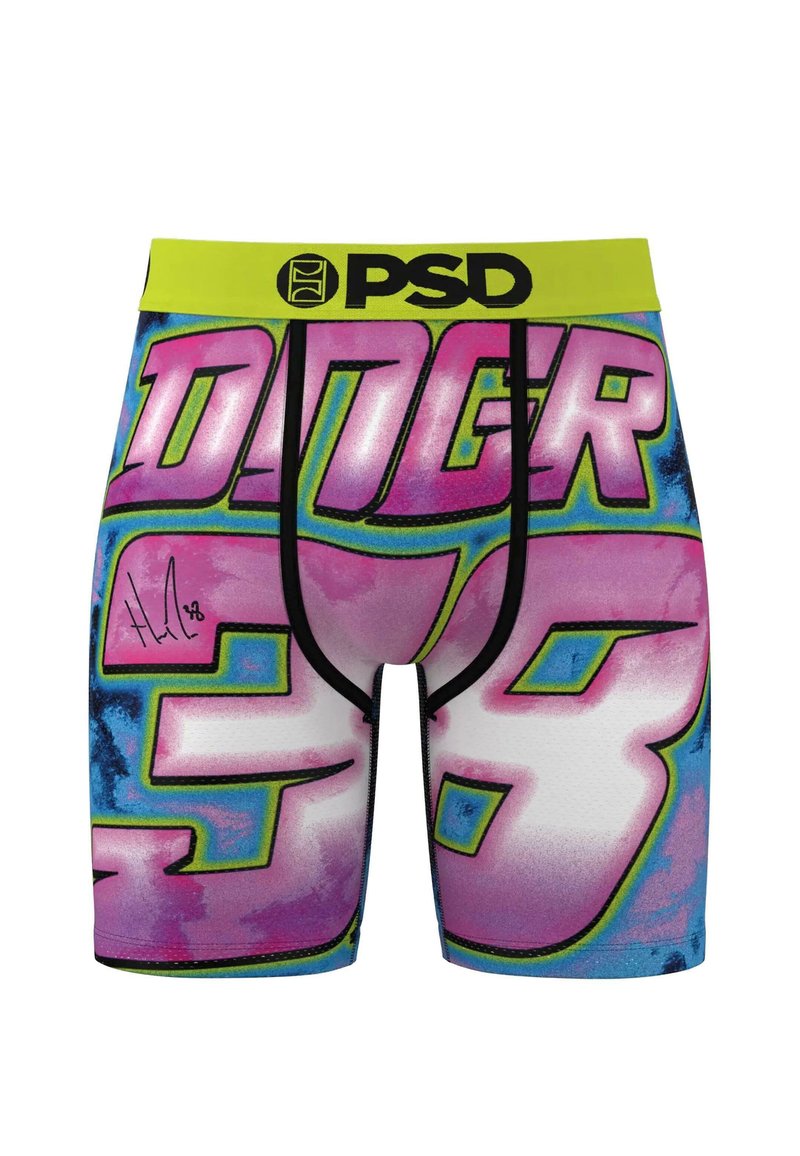 Herre boxershorts, flerfarget med "DANGER 33" i fet rosa og grønn skrift, med svart elastikkant og glatt stoffoverflate.