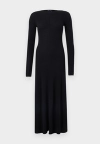 Black ribbed long-sleeve dress with a round neckline, fitted bodice, and flared skirt. Made from soft, textured material.