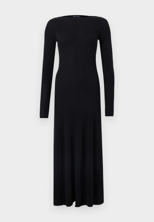 Black ribbed long-sleeve dress with a round neckline, fitted bodice, and flared skirt. Made from soft, textured material.