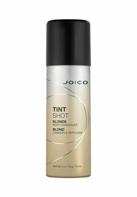 Suihkepullo, jossa on folion värinen pinta ja musta korkki. Etiketissä lukee "Tint Shot Blonde Root Concealer" mustalla tekstillä hopeapohjalla. Koko 72 ml.