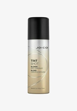 Suihkepullo, jossa on folion värinen pinta ja musta korkki. Etiketissä lukee "Tint Shot Blonde Root Concealer" mustalla tekstillä hopeapohjalla. Koko 72 ml.
