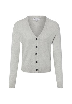 Lichtgrijze gebreide cardigan met lange mouwen, vijf zwarte knopen aan de voorkant en een V-hals.