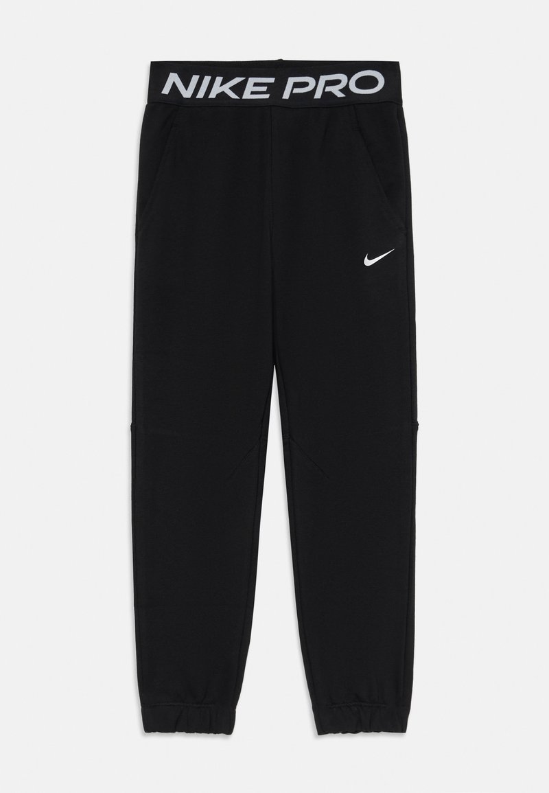 Black Nike Pro joggers featuring a stretchy waistband with white "NIKE PRO" text, side pockets, and elastic cuffs at the ankles.