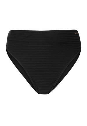 Crni bikini donji dio visokog struka od teksturirane tkanine, s blagim horizontalnim linijama i elastičnim rubovima za udoban fit.
