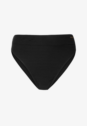 Slip da bikini nera a vita alta con un tessuto testurizzato, caratterizzato da sottili linee orizzontali e bordi elasticizzati per una vestibilità comoda.